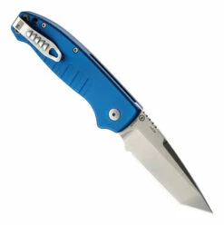 Hogue Knives Ballista I Automatic Folder: 3.5" Tanto Point Blade Stone Tumbled Finish, Matte Blue Aluminum Frame #64123 -KNIFECOMMAND Sales HOGUE 64123 2 W 43552.1652907010.1280.1280