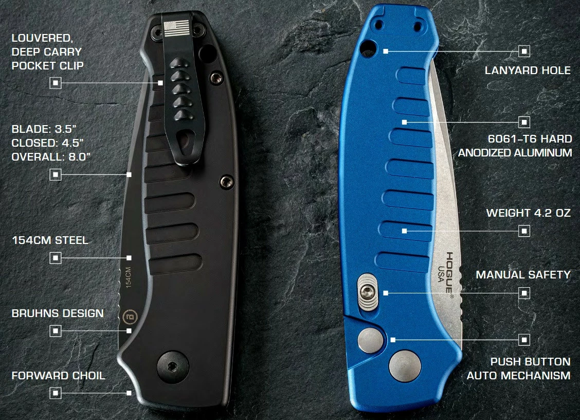 Hogue Knives Ballista I Automatic Folder: 3.5" Tanto Point Partially Serrated Blade Black Cerakote Finish, Matte Black Aluminum Frame #64120 - Image 3