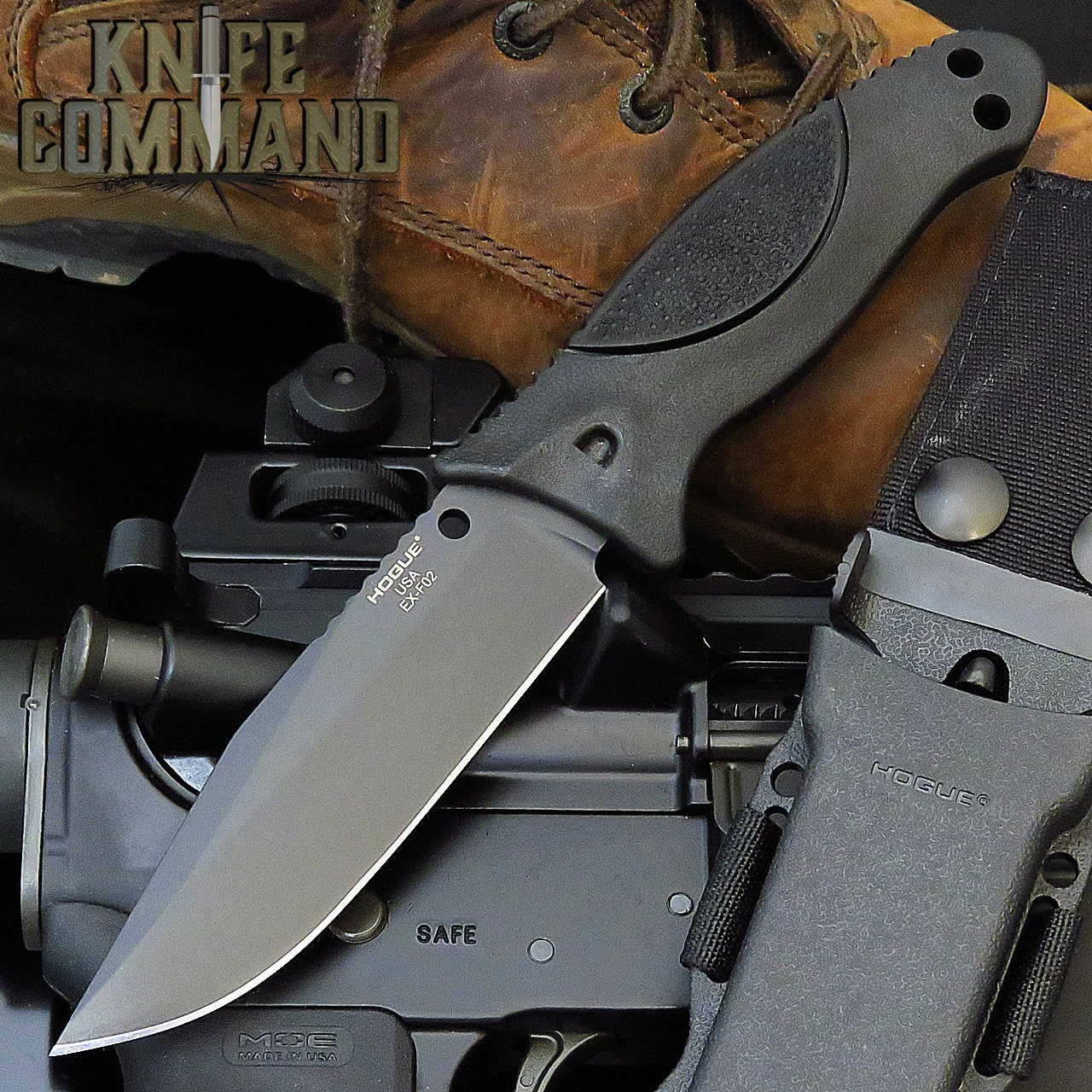 Hogue Knives EX-F02 4.5" Fixed Clip Point Blade Black Finish Auto Retention Sheath Black - Rubber OverMolded Frame Black 35250 3 Hogue Knives EX-F02 4.5" Fixed Clip Point Blade Black Finish Auto Retention Sheath Black - Rubber OverMolded Frame Black 35250