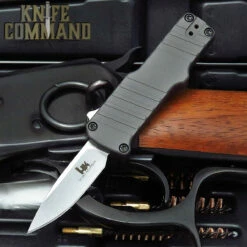 HK Micro Incursion OTF Automatic: 1.95" Clip Point Blade - Stone Tumbled Finish, Matte Grey Aluminum Frame 54032
