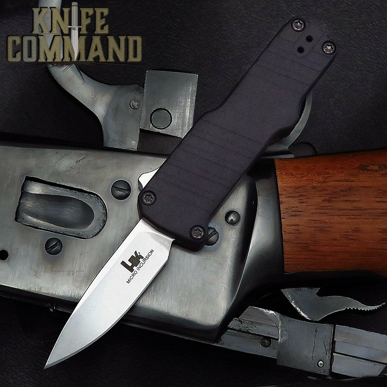 HK Micro Incursion OTF Automatic: 1.95" Clip Point Blade - Stone Tumbled Finish, Matte Black Aluminum Frame 54030 4 HK Micro Incursion OTF Automatic: 1.95" Clip Point Blade - Stone Tumbled Finish, Matte Black Aluminum Frame 54030 - Image 2
