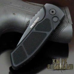 Pro-Tech Knives SBR Short Blade Rockeye Automatic Knife LG407 Les George Folder Black DlC S35VN Blade Textured Handle -KNIFECOMMAND Sales PRO TECH LG407 SBR PX4 CL 92339.1653600943.1280.1280