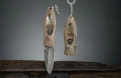 Daybreak Knife Pendant With Mokume Gane, Black Lip Pearl, And Damascus Blade