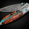 Lava Lake Titanium Pocket Knife Featuring Turquoise And Lava Rock, And Damascus Blade