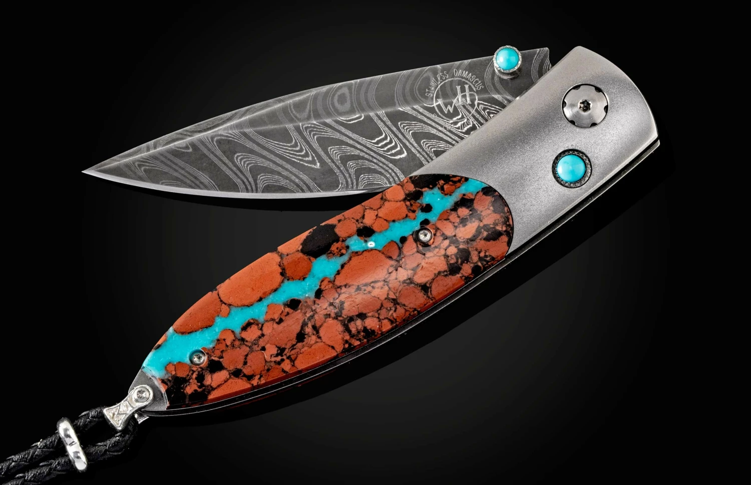Lava Lake Titanium Pocket Knife Featuring Turquoise And Lava Rock, And Damascus Blade 3 Lava Lake Titanium Pocket Knife Featuring Turquoise And Lava Rock, And Damascus Blade