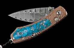 Lowell Pocketknife Featuring Mokume Gane, Kingman Turquoise, And 'wave' Damascus Blade