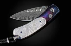 White Wave Folding Knife Featuring Carved Mother Of Pearl, And 'wave' Damascus Blade