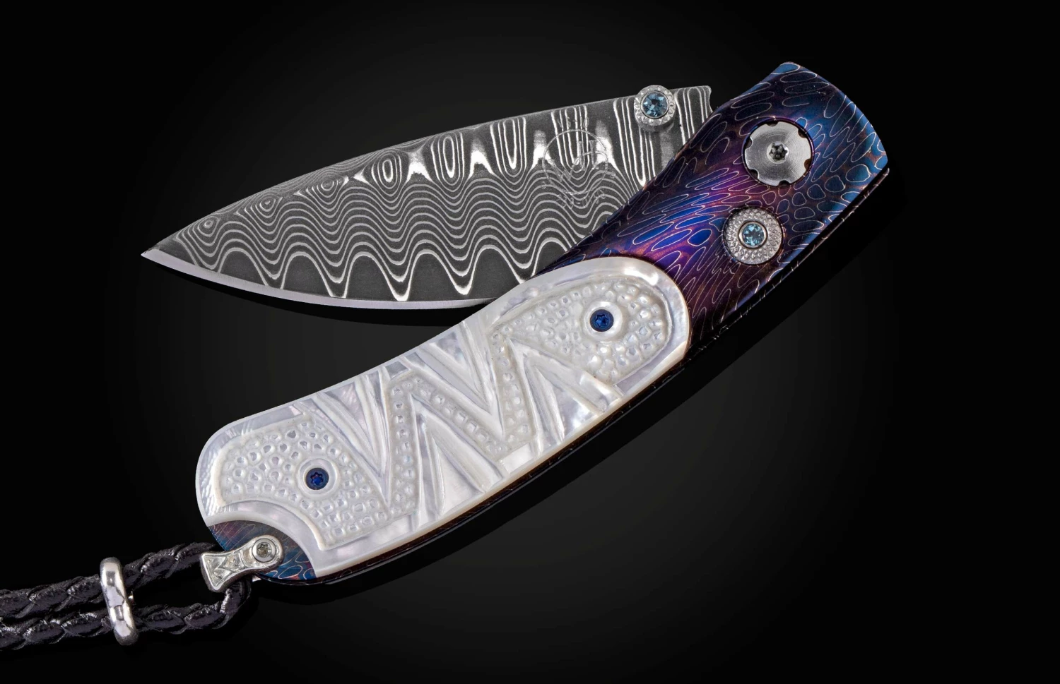 White Wave Folding Knife Featuring Carved Mother Of Pearl, And 'wave' Damascus Blade 3 White Wave Folding Knife Featuring Carved Mother Of Pearl, And 'wave' Damascus Blade