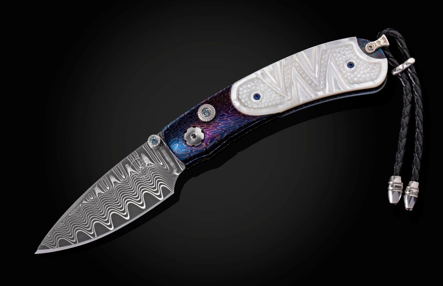 White Wave Folding Knife Featuring Carved Mother Of Pearl, And 'wave' Damascus Blade 4 White Wave Folding Knife Featuring Carved Mother Of Pearl, And 'wave' Damascus Blade - Image 2