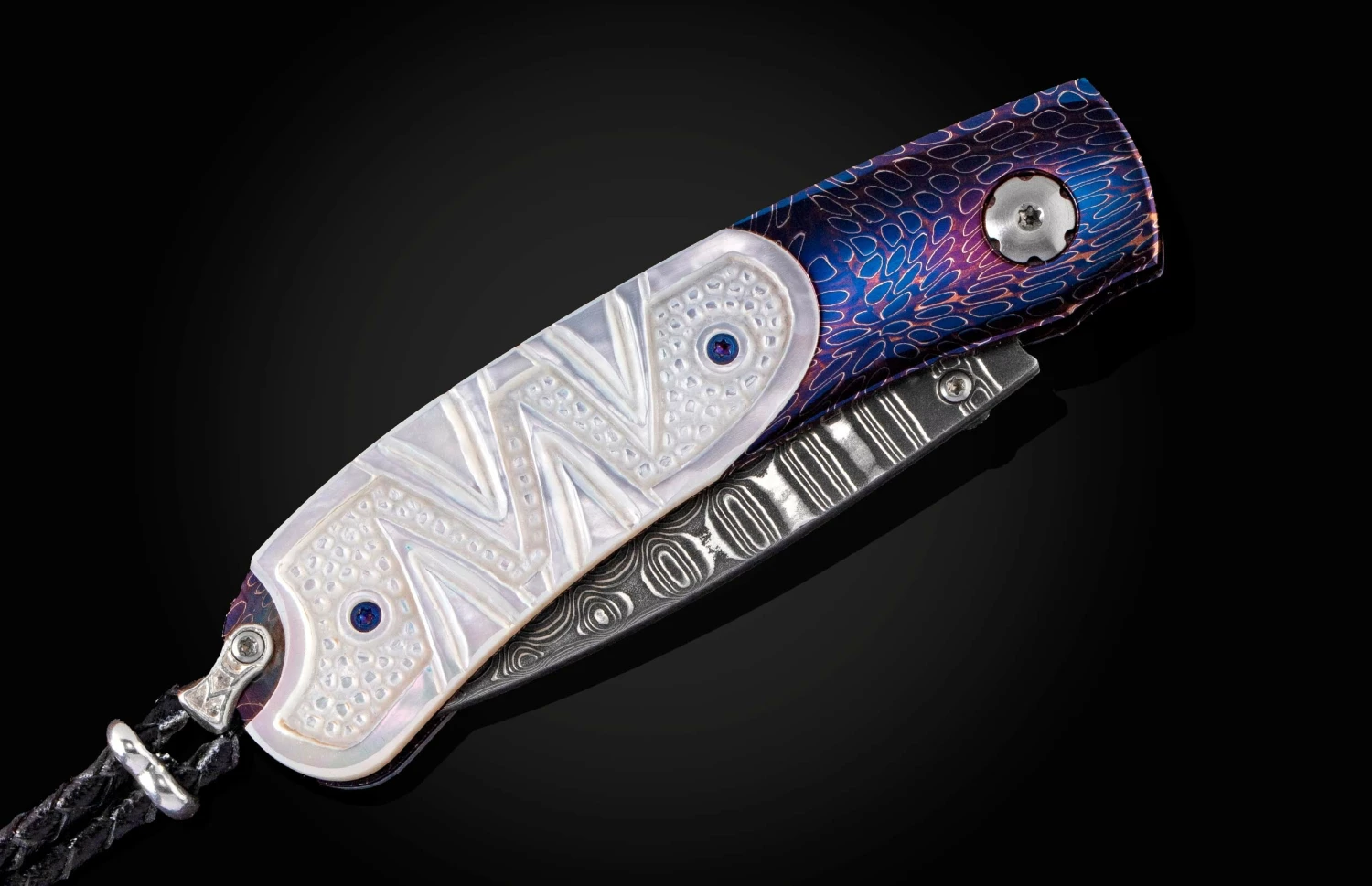 White Wave Folding Knife Featuring Carved Mother Of Pearl, And 'wave' Damascus Blade 5 White Wave Folding Knife Featuring Carved Mother Of Pearl, And 'wave' Damascus Blade - Image 3