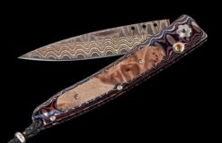 Blue Burl Pocketknife Featuring 'wave' Mokume Gane, Maple Burl Wood, And 'copper Wave' Damascus Blade