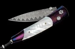 Blue Sand Pocketknife With Heat-blued Damascus, Mother Of Pearl, And 'wave' Damascus Blade