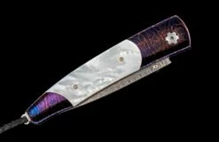 Blue Sand Pocketknife With Heat-blued Damascus, Mother Of Pearl, And 'wave' Damascus Blade -KNIFECOMMAND Sales b10 blue sand 3