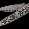 Radiant Hand-carved Sterling Silver Pocketknife, With Inset Sapphires And 'wave' Damascus Blade