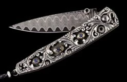 Radiant Hand-carved Sterling Silver Pocketknife, With Inset Sapphires And 'wave' Damascus Blade