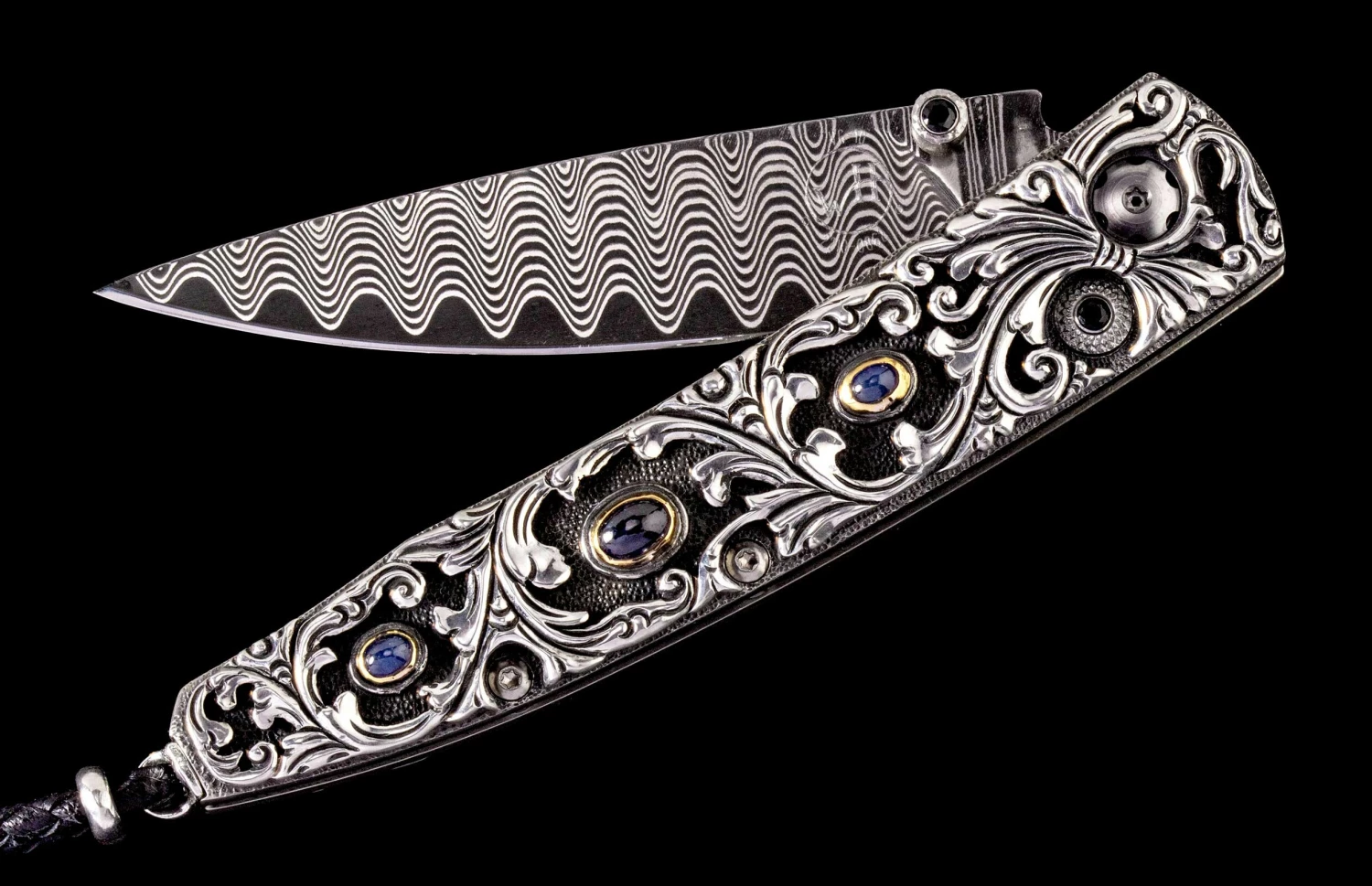 Radiant Hand-carved Sterling Silver Pocketknife, With Inset Sapphires And 'wave' Damascus Blade 3 Radiant Hand-carved Sterling Silver Pocketknife, With Inset Sapphires And 'wave' Damascus Blade