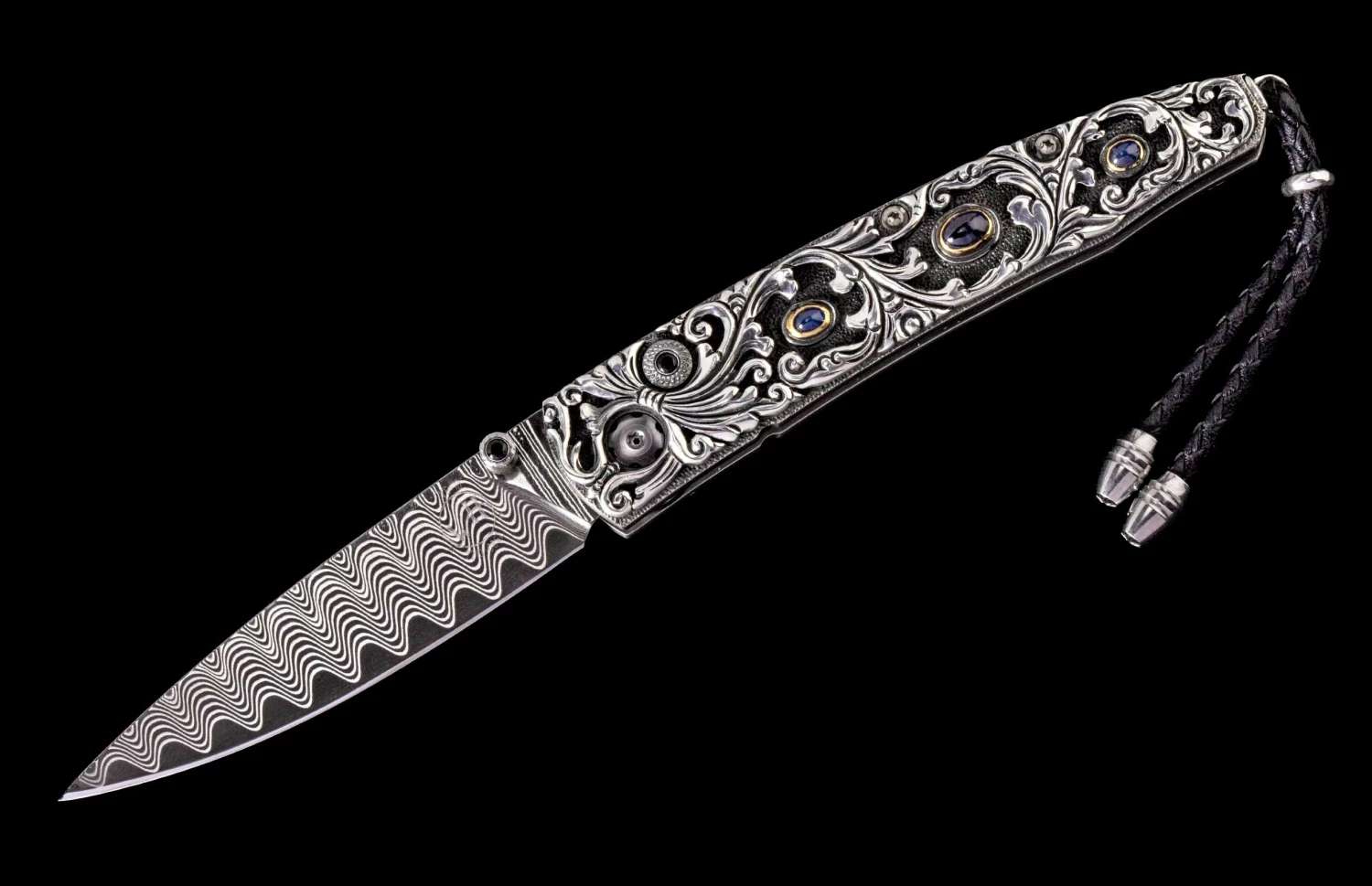 Radiant Hand-carved Sterling Silver Pocketknife, With Inset Sapphires And 'wave' Damascus Blade 4 Radiant Hand-carved Sterling Silver Pocketknife, With Inset Sapphires And 'wave' Damascus Blade - Image 2