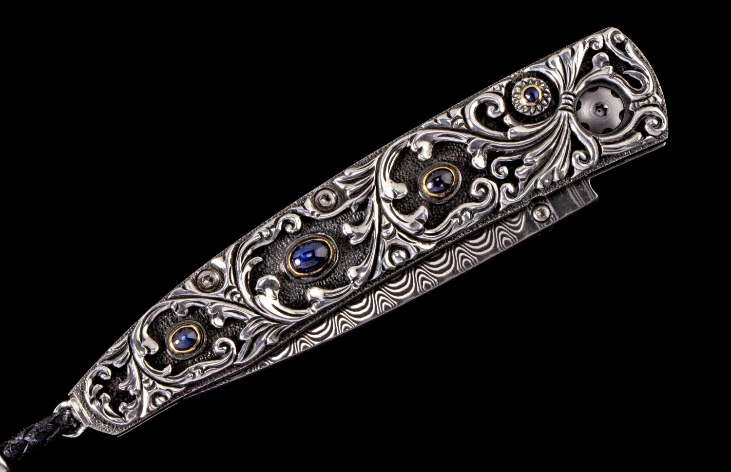 Radiant Hand-carved Sterling Silver Pocketknife, With Inset Sapphires And 'wave' Damascus Blade 5 Radiant Hand-carved Sterling Silver Pocketknife, With Inset Sapphires And 'wave' Damascus Blade - Image 3