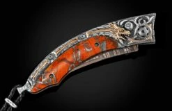 Dragon Skin Hand-carved Mokume Gane And Silver Pocket Knife With Zinc Matrix Apple Coral -KNIFECOMMAND Sales b11 dragon skin 3 2