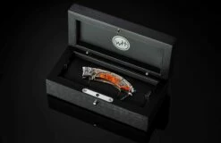 Dragon Skin Hand-carved Mokume Gane And Silver Pocket Knife With Zinc Matrix Apple Coral -KNIFECOMMAND Sales b11 dragon skin box 2