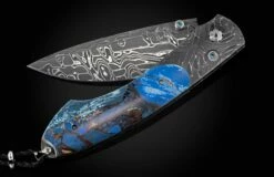 Blue Fusion Pocketknife Featuring Etched Damascus, Fossil Mammoth Tusk, And Damascus Blade