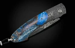 Blue Fusion Pocketknife Featuring Etched Damascus, Fossil Mammoth Tusk, And Damascus Blade -KNIFECOMMAND Sales b12 blue fusion 3