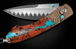 Chuska Folding Knife With Mokume Gane, Lava Rock With Turquoise, And Damascus Blade