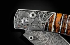 Elk Hunt Hand-engraved Pocketknife With 24K Gold And Copper Inlays -KNIFECOMMAND Sales b12 elk hunt 6
