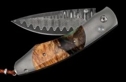 Fire And Ice Titanium Pocketknife Featuring Natural Wood In Resin, And 'wave' Damascus Blade