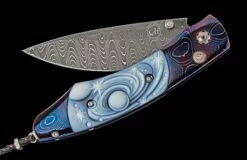 Galaxy Pocketknife Featuring Heat-colored Damascus, Carved Banded Agate, And Meteorite Damascus Blade