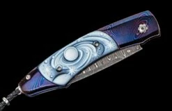 Galaxy Pocketknife Featuring Heat-colored Damascus, Carved Banded Agate, And Meteorite Damascus Blade -KNIFECOMMAND Sales b12 galaxy 3 1