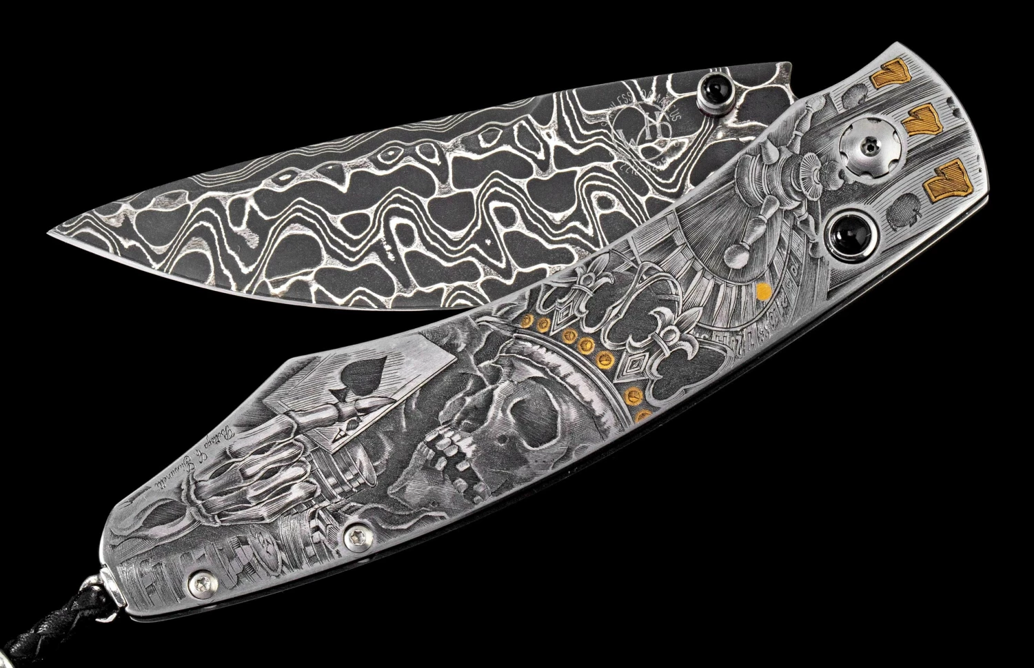 Jokers Wild Hand-engraved Pocketknife With 24K Gold Inlays, And damascus Blade 3 Jokers Wild Hand-engraved Pocketknife With 24K Gold Inlays, And damascus Blade