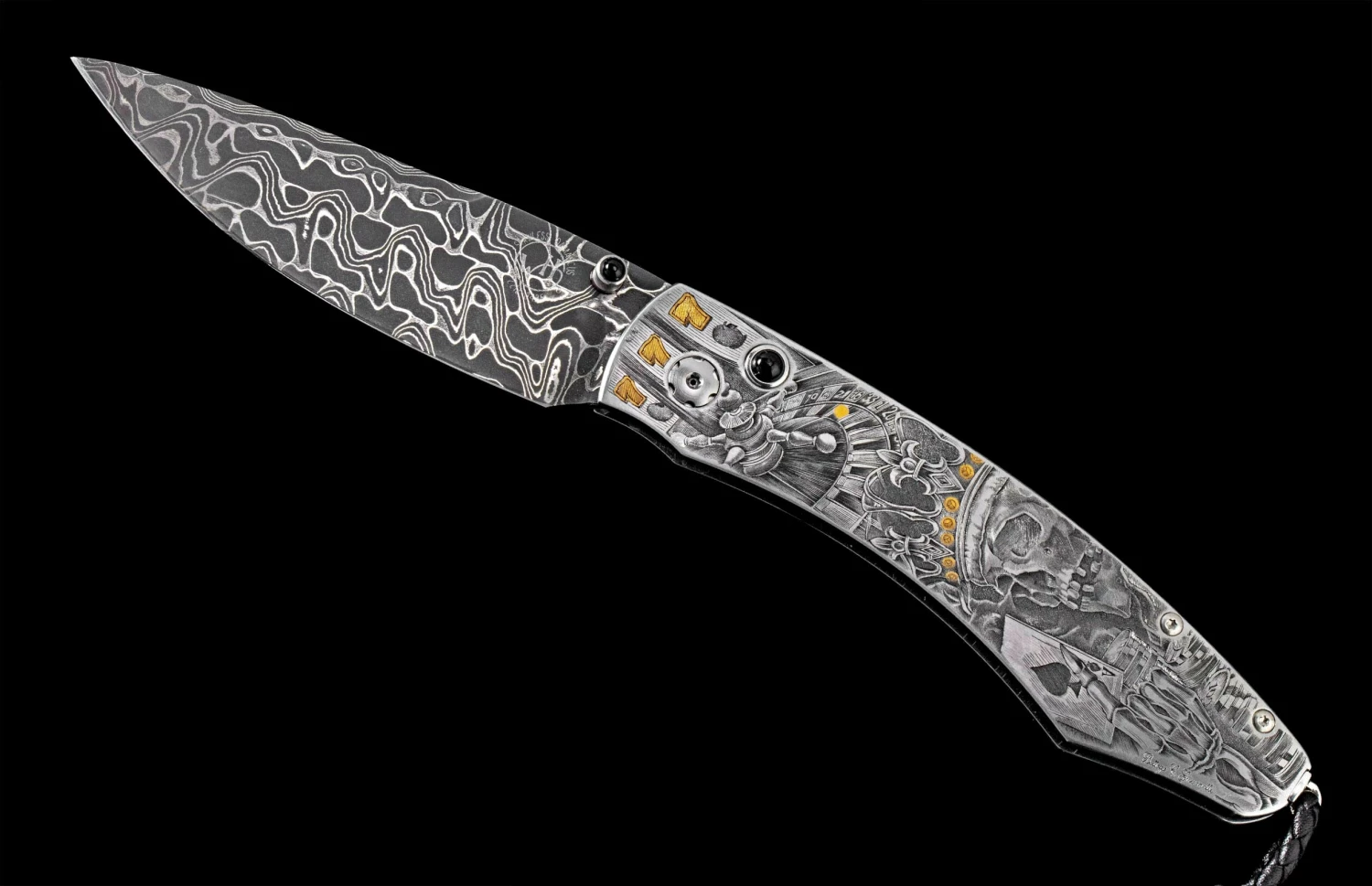Jokers Wild Hand-engraved Pocketknife With 24K Gold Inlays, And damascus Blade 4 Jokers Wild Hand-engraved Pocketknife With 24K Gold Inlays, And damascus Blade - Image 2