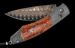 Liquid Sky Damascus Pocketknife Inlaid With Zinc-matrix Apple Coral