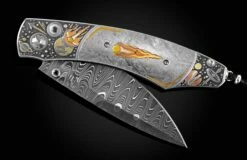 Meteoric Hand-engraved Pocketknife With Meteorite  And Gold Inlays, And Meteorite Damascus Blade