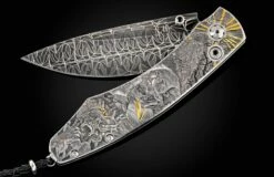 Nightmares Hand-engraved Stainless Folding Knife With Gold Inlays And Damascus Blade