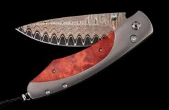Poplar II Titanium Pocket Knife Featuring Red Poplar Burl And 'copper Wave' Damascus Blade