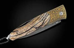 Golden Eye Folding Knife With Inlaid 24K Gold, Fossil Woolly Mammoth Tusk, And Damascus -KNIFECOMMAND Sales b30 golden eye 3