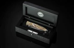 Golden Eye Folding Knife With Inlaid 24K Gold, Fossil Woolly Mammoth Tusk, And Damascus -KNIFECOMMAND Sales b30 golden eye 5 box