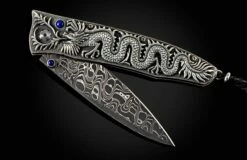 Silver Dragon Hand-Carved Sterling Silver Pocketknife With Inset Sapphire And Damascus Blade