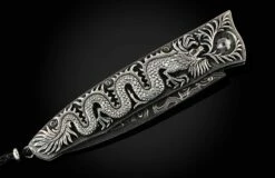 Silver Dragon Hand-Carved Sterling Silver Pocketknife With Inset Sapphire And Damascus Blade -KNIFECOMMAND Sales b30 silver dragon newlayot2 3
